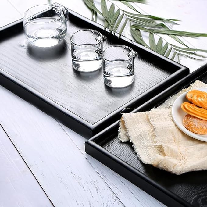 22 x 18 Inches Extra Large Solid Wood Serving Tray for Tea Coffee Table Snack Food Meals Serving Plate Kitchen Party Bar Breakfast Server with Raised Edges Black Wooden Decorative Ottoman Tray