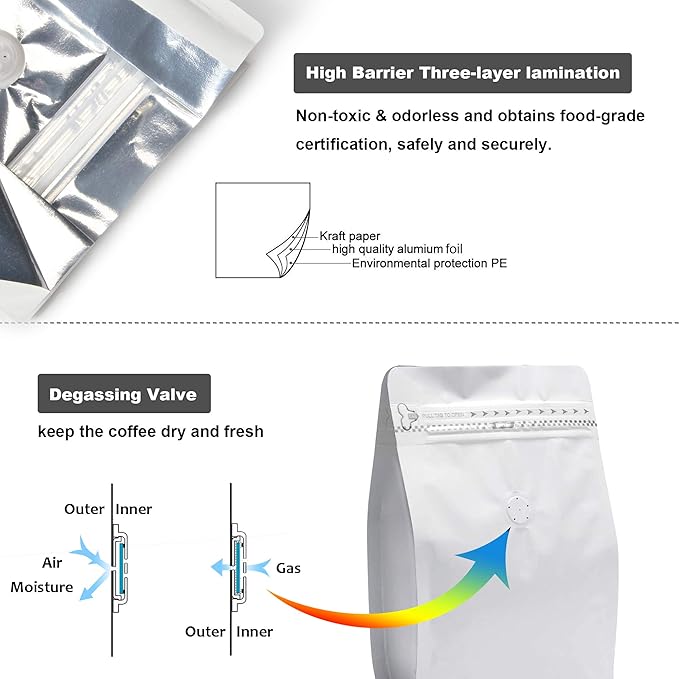 100 Pieces 12 Ounce White Kraft Paper Coffee Bags, Stand Up Coffee Pouches with One Way Degassing Valve and Reusable Side Zipper (Pull Tab to Open) Flat Bottom - - Stand Up Well (12oz, 340gram)