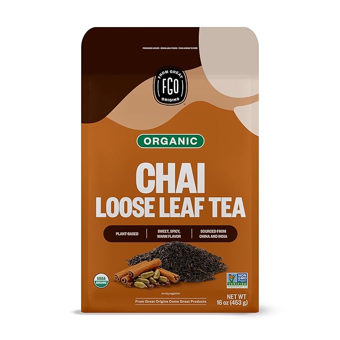 FGO Organic Chai Tea, 16 Ounce Loose Leaf Bulk Resealable Bag, Packaging May Vary (Pack of 1)