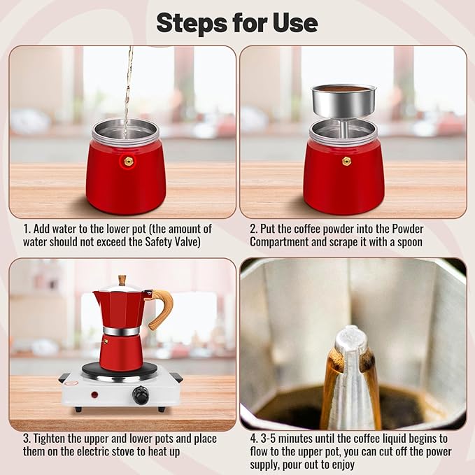 Vaolvpant 6 Cup Aluminum Moka Pot Classic Stovetop Espresso Coffee Maker 300ml 10oz Coffeemaker Percolator Mocha Pot Greca Coffee Maker Cafe Makers for Italian and Cuban Café Brewing Red
