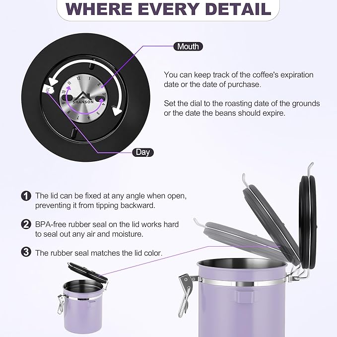ShanSon Coffee Canister Airtight Coffee Container Stainless Steel Coffee Bean Storage Container with Scoop Coffee Canister for Beans Grounds Sugar Flour Tea Cereal,16OZ, Purple
