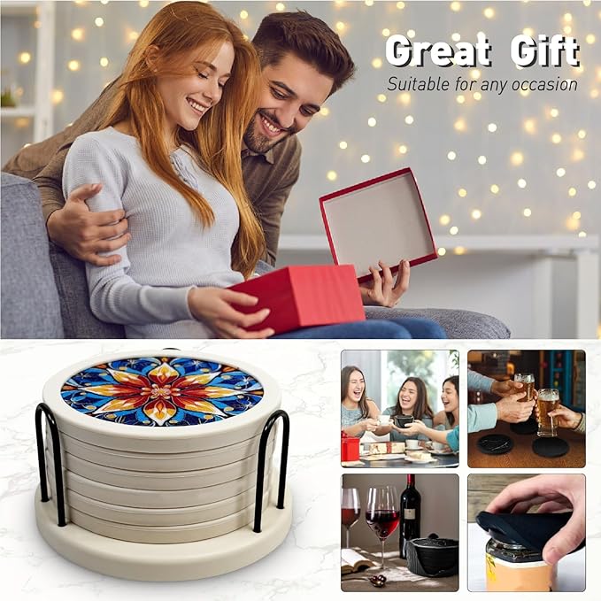 Indigo Floral Non-Slip Silicone Coasters, 4-Pack Double-Sided Absorbent Cup Mats for Hot & Cold Drinks, Scratch & Water Ring Protection for Wood Tables, Home Office Bar Use (6PC Wanda La)