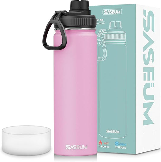 SASEUM Sport Water Bottle 22oz Stainless Steel Double Wall Vacuum Thermal Mug with Leak Proof Spout Lids, Wide Mouth Metal Insulated Water Jug for Gym and Travel（Pink）