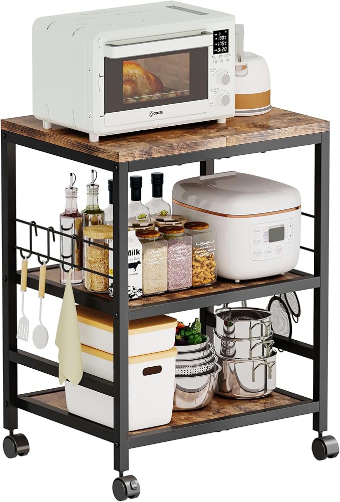 Homeiju 3-Tier Wooden Microwave Cart with Storage, 22.4''W Microwave Stand Coffee Cart Rolling Kitchen Utility Cart with Wheels, 5 Hooks, Rustic Brown and Black