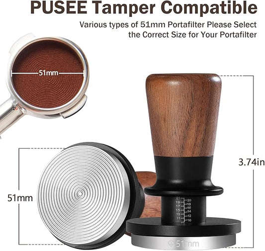 PUSEE 51mm Espresso Tamper, Calibrated Tamper with 30lbs Double Spring Loaded Tamper Walnut Wood Coffee Tamper for Barista Home,Stainless Steel Base Tamper Espresso Tool Fits 51mm Portafilters