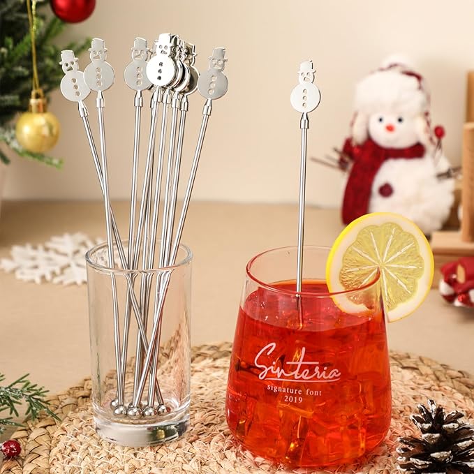 10 Pcs Winter Snowman Drink Stirrers Stainless Steel Christmas Coffee Stirrers Metal Reusable Swizzle Sticks Snowman Cocktail Stir Stick Chocolate Hot Cocoa Supplies for Winter Party Decor