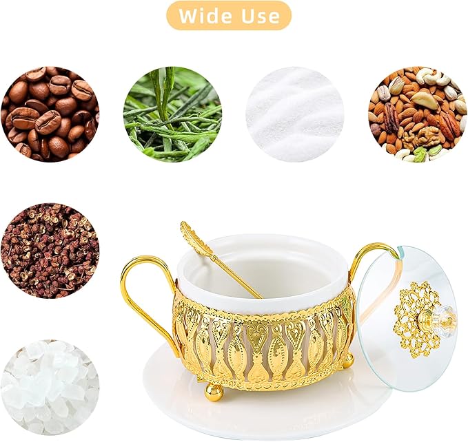 Flylin Sugar Bowl, Turkish Sugar Bowl with Lid and Spoon for for Candy Cookie Honey, Golden Vintage Glass Seasoning Jar for Home and Kitchen Coffee Bar