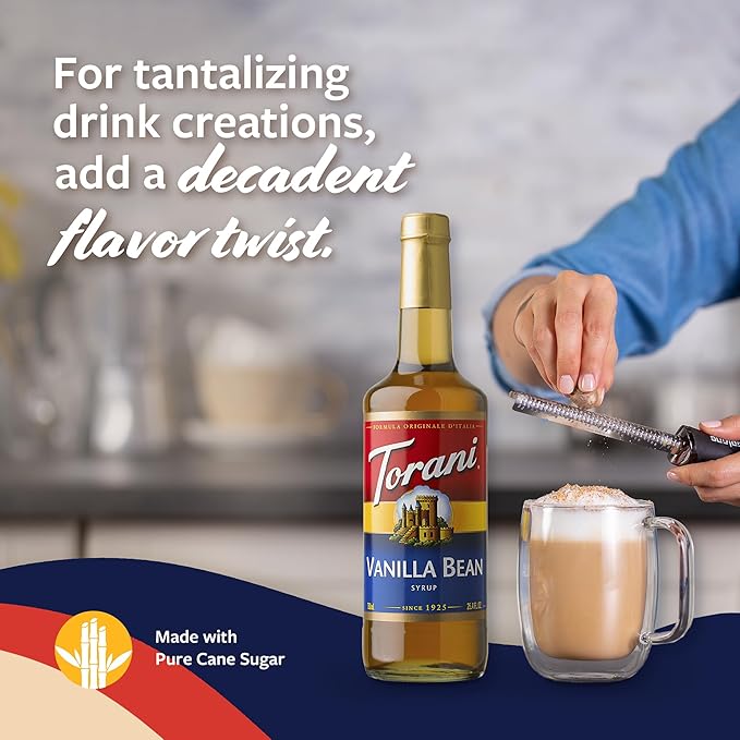 Torani Vanilla Bean Coffee Syrup for Drinks & Desserts, Glass Bottle with Pump Included, 25.4 Fl Oz