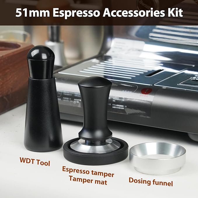 51mm Espresso Machine Accessories, Spring Loaded Calibrated Tamper, WDT Tool, Dosing Funnel, Fits Espresso Coffee Machines and 51 mm Portafilters, Espresso Accessories Kit Barista Tools