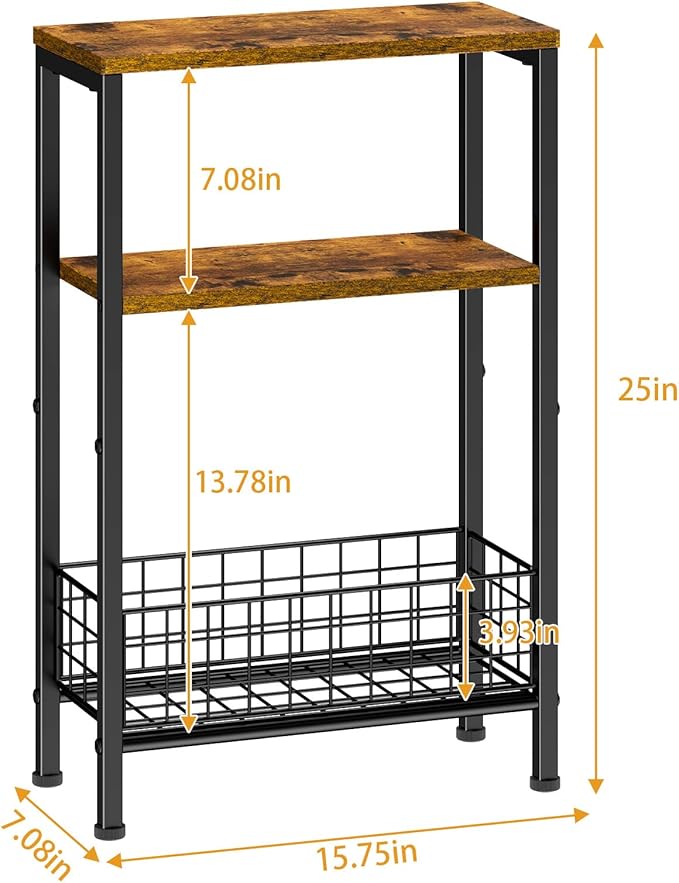 X-cosrack Narrow Side Table, Small End Table with Storage, 3-Tier Skinny Night Stand for Living Room, Bedroom, Small Spaces, Rustic Brown & Black(Patent Pending)