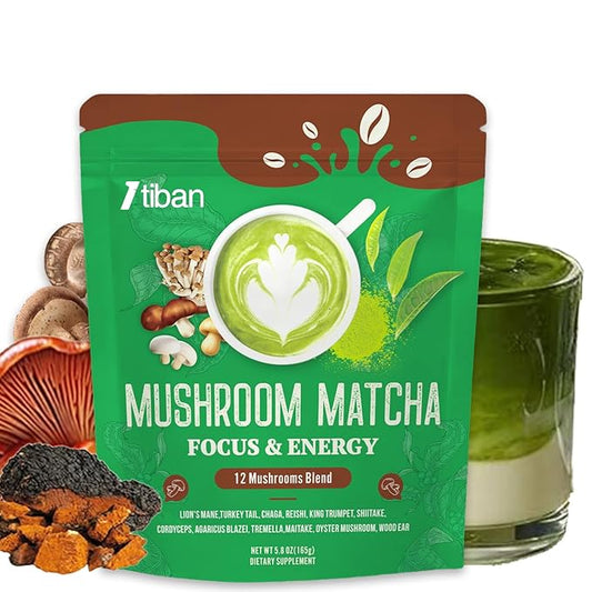 Mushroom Matcha with 12 Mushrooms with Lion's Mane, Chaga and Probiotics, Ceremonial Grade Matcha Powder for Focus, Digestion & Immunity - 30 Servings