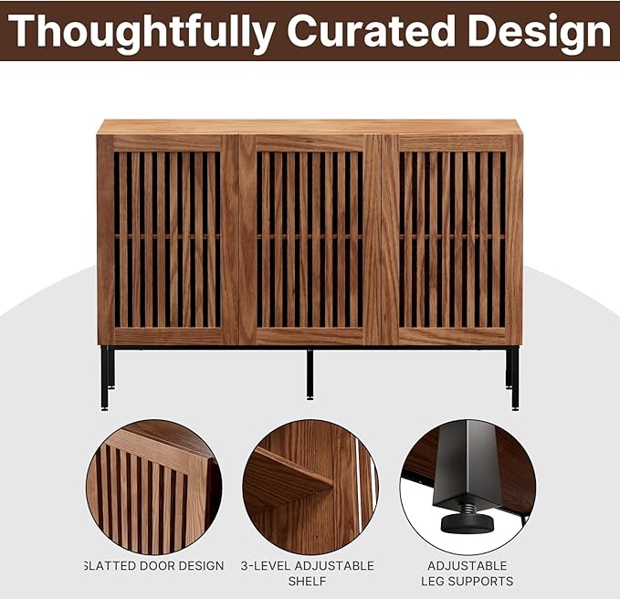 Buffet Cabinet, Modern Credenza Storage Cabinet with Adjustable Shelves and Metal Base, 47 Inch Wood Multifunctional Console Table for Kitchen, Living Room, Entryway, Brown
