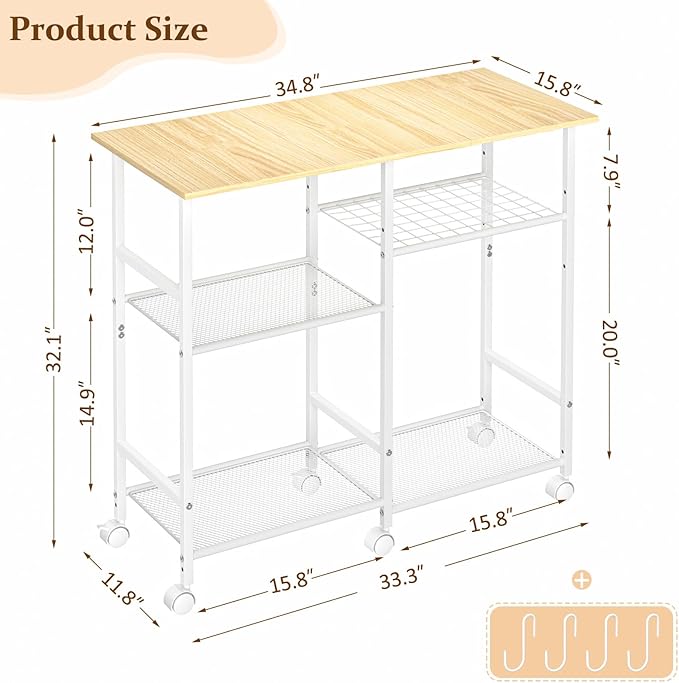 Kitchen Microwave Cart, Microwave Stand with Adjustable Shelf, Coffee Bar Stand Kitchen Baker's Rack with Wheels Rolling Storage Cart Organizer Shelf for Living Room, Office, Balcony