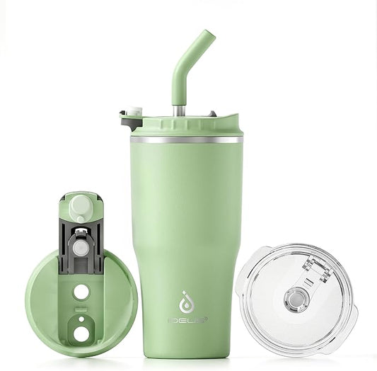 Ideus Insulated Tumbler with Lid and Straw 18 oz, Stainless Steel Double-Wall Vacuum Leak-Proof Travel Coffee Mug, Cup Holder Friendly, Avocado Green