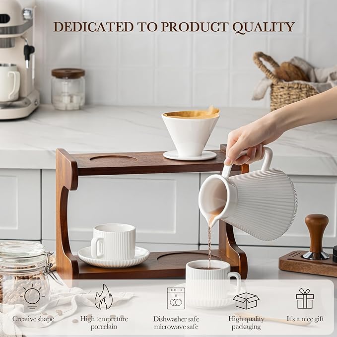 22OZ Pour Over Coffee Maker Set with Acacia Wood Stand and 5oz Cups&Saucers Set of 2, Ceramic White Cream V60 Pour Over Coffee Dripper Set for Home Café Restaurant Camping