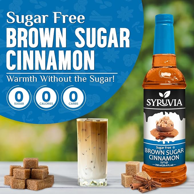 Syruvia Sugar Free Coffee Syrup, Brown Sugar Cinnamon Flavored Syrup for Drinks, Lattes, and Desserts – 25.4 fl oz, With Pump
