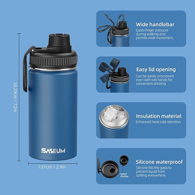 SASEUM Kids Sport Water Bottle 12oz Stainless Steel Double Wall Vacuum Thermal Mug with Leak Proof Spout Lids, Wide Mouth Metal Insulated Water Jug for Gym and Travel（Navy）