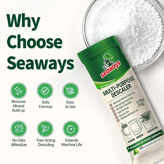 Seaways Multi-Purpose Descaler Powder (60-Uses) for Ice Maker Machine, Kettle, Tumbler, Bottles, Coffee Machine, Faucets, Shower Head, Limescale and Build-Up Remover, 20 * 0.35 oz (3 Packs)