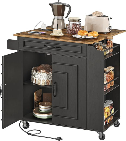 Kitchen Island with Power Outlets & Drop Leaf, Rolling Kitchen Cart on Wheels, Kitchen Storage Island with Spice Rack and Drawer for Kitchen, Dinning Room, Black and Rustic Brown