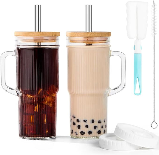 24oz Ribbed Glass Tumbler with Straw and Lid,Glass Cups with Handle,Stainless Steel Straws & Cleaning Brushes – Iced Coffee Cup for Smoothies, Tea, and Gifts, Set of 2