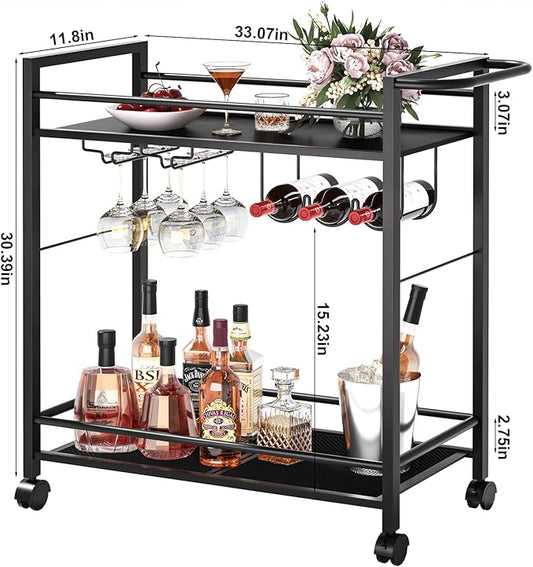 Bar Cart,Home Bar Serving Cart with Storage Shelves, 2 Tier Rolling Beverage Cart with Wheels, Modern Vintage Black Wine Cart with Wine Rack and Glass Holder for Kitchen, Dinning Room,Living Room