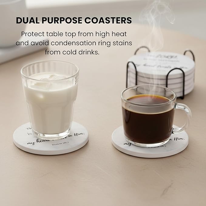 Christian Coasters Set of 6 with Holder– Ceramic Absorbent Drink Coasters for Coffee Table Desk, Modern Cute Moisture Absorbing Coasters, Christian Gifts Alternative to Cork, Silicone or Glass Coaster