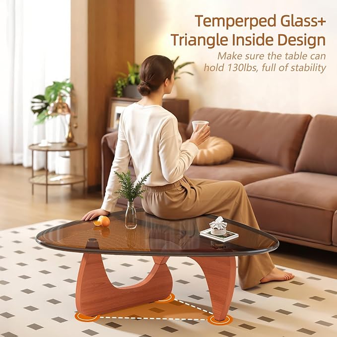 Coffee Table for Living Room Mid Century Modern Center Small Table with Glass Top and Wood, Walnut Brown