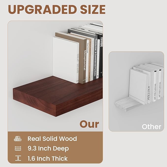 Fun Memories 9 Inch Deep Floating Shelves, Rustic Solid Wood Floating Shelf 30 Inch Long, 30 x 9 Wide Bathroom Shelves for Storage & Display, Red Brown