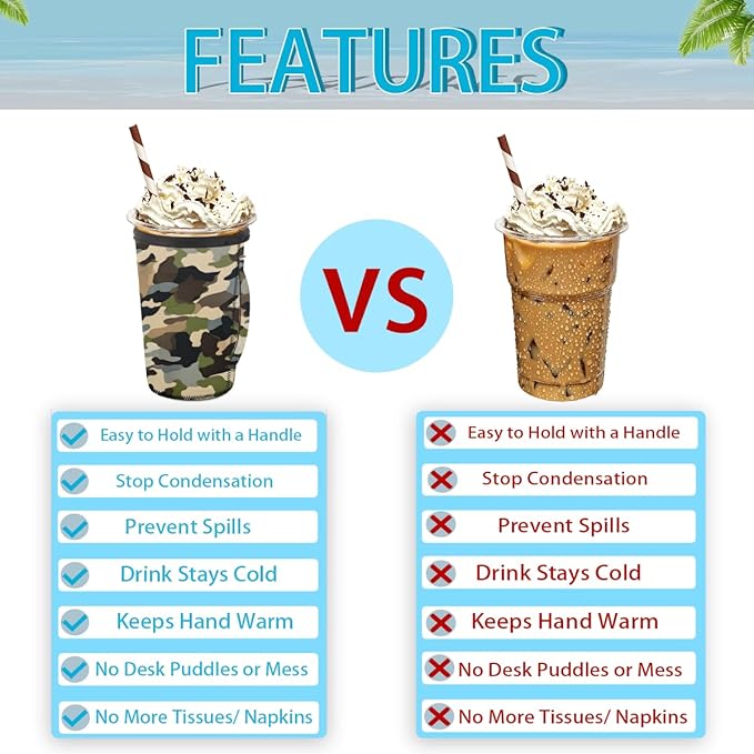 Army Camo Skin Reusable Insulator Coffee Sleeves for Drinks Beverages,Camouflage Neoprene Holder with Handle for Most Coffee or Ice Drink, 24-28oz