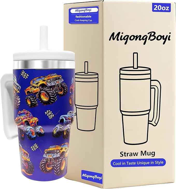 2PCS 20-OZ Insulated Water Bottle,Insulated Stainless Steel Tumbler,Reusable Cold Drink Thermos,BPA-Free, Double-Wall Stainless Steel Water Bottle (Dark blue-Monster trucks, 20, Fluid Ounces)