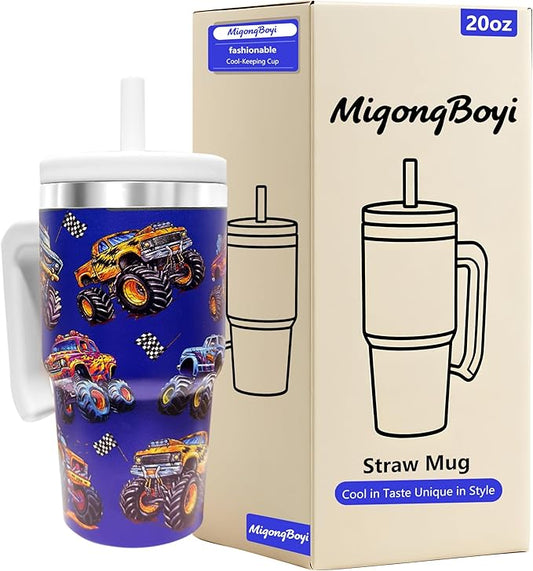 2PCS 20-OZ Insulated Water Bottle,Insulated Stainless Steel Tumbler,Reusable Cold Drink Thermos,BPA-Free, Double-Wall Stainless Steel Water Bottle (Dark blue-Monster trucks, 20, Fluid Ounces)