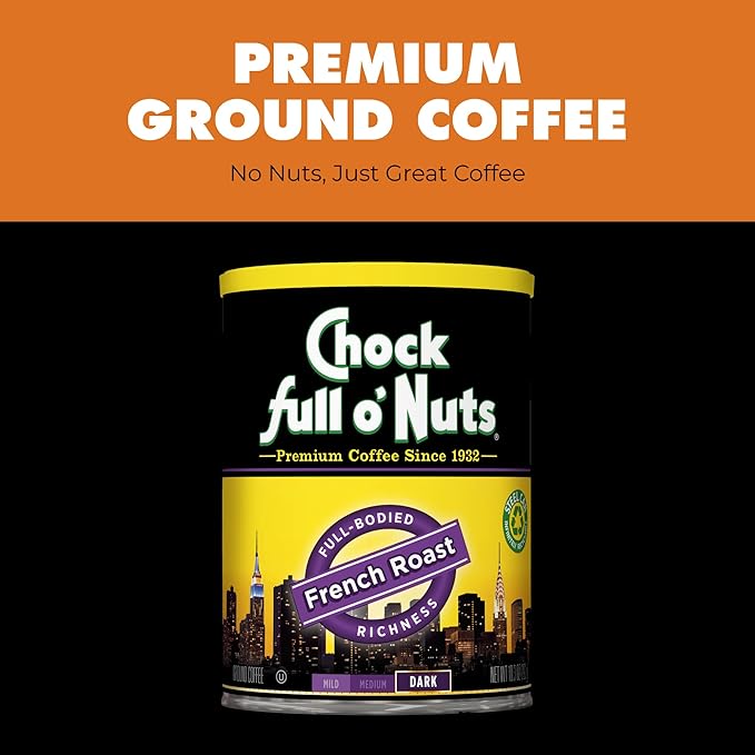 Chock Full o' Nuts French Roast Ground Coffee – Premium Beans in Recyclable Steel Can – Rich Flavor & Aroma, Dark Roast – Perfect for Drip, Pour-Over, Percolator – 10.3 Oz Can, Pack of 6