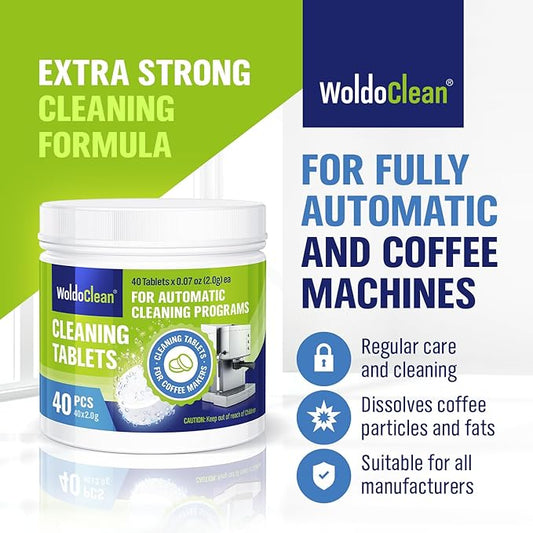 WoldoClean Espresso Machine Cleaning Tablets 40x 2g - Universal Backflush Tablets for Breville Barista Express, Jura, Gaggia, DeLonghi & Phillips, Removes Coffee Oils & Grease Residue