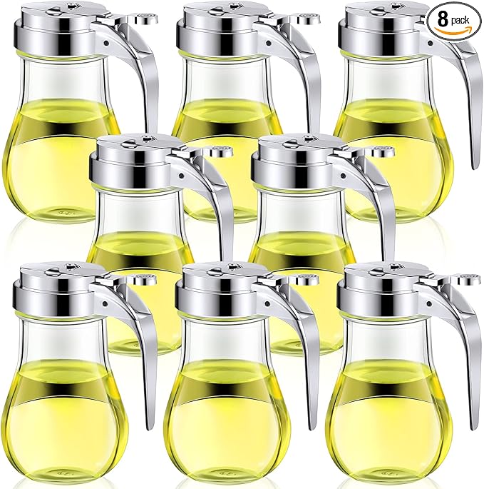 Mimorou 8 Pcs 6 oz Glass Syrup Dispenser with Retracting Spout Coffee Syrup Dispenser Creamer Dispenser Dispensing Thumb Lever, Pancake House Pattern