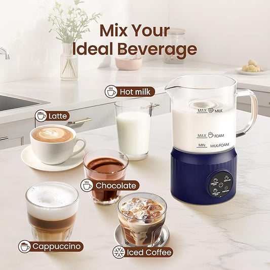 4-in-1 Milk Frother, Electric Milk Frother and Steamer with LED Touch Screen, Non-stick Bottom, Milk Warmer 13.52oz for Lattes, Cappuccinos, and Macchiatos at Home (Navy blue)