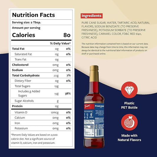 Torani Pomegranate Syrup for Drinks, Flavoring for Iced Tea, Lemonade, Sodas, and Cocktails, Glass Bottle with Pump Included, 25.4 Fl Oz
