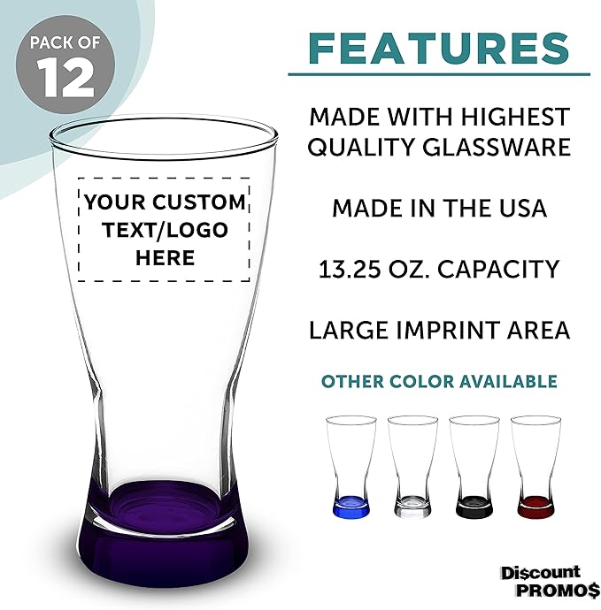 Custom Pilsner Glasses 13.25 oz. Set of 12, Personalized Bulk Pack - Made in the USA, Perfect for Hotels, Restaurants, Bars and Even Party Favors - Purple