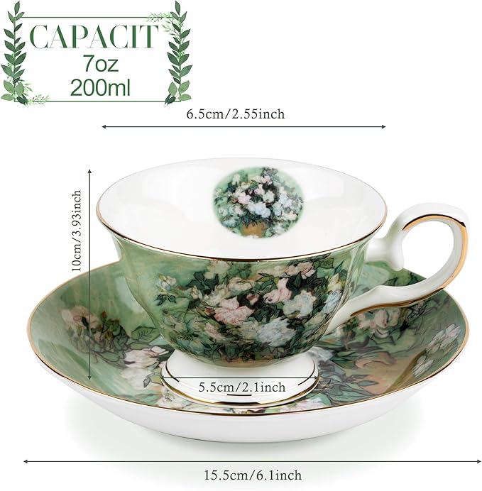 Floral Tea Cups Saucers Set of 2, Vangogh Paintings Bone China 7 oz British Teacups Porcelain Tea Cups Coffee for Rose Teacups Cappuccino Espresso Latte (White Roses & Flowers Vase)