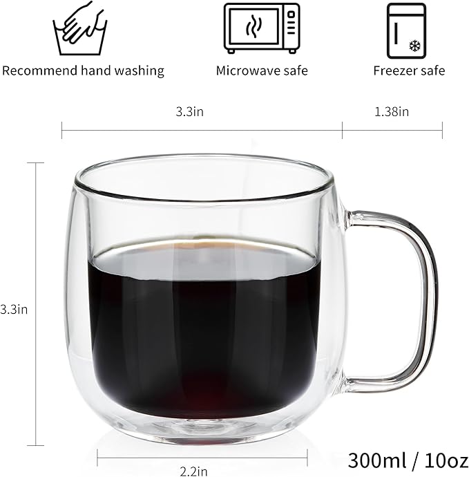 Unbreakable Double Walled Glass Coffee Mugs 10 fl oz, Borosilicate Glass, Insulated Coffee Mugs Set of 4, Microwave & Refrigerator Safe