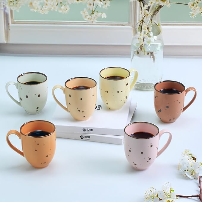 Coffee Mugs Set Of 6, 14 Oz Large Handle Heavy Duty Cups - Microwave Dishwasher Safe - Latte, Cappuccino, Tea, Cocoa, Mocha - Men, Women, Home Office Daily Use, Blossom Assorted Colors