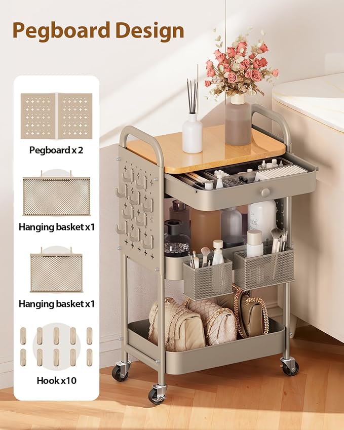ALVOROG Rolling Cart with Drawer and Wood Table Top, 3 Tier Metal Rolling Utility Cart on Wheels with DIY Pegboards, Hanging Baskets, Hooks for Kitchen, Bedroom, Office, Craft Supplies