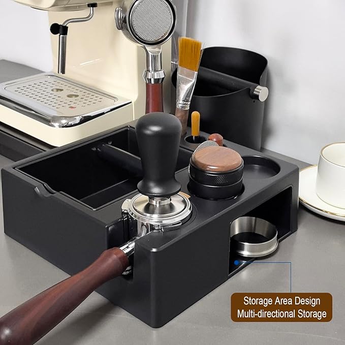 Espresso Tamping Station And Knock Box,ALL in 1 Espresso Organizer Station,Multifunctional Tamper Station Fit for 51/54/ 58mm Espresso Accessories,Removable Knock Box Espresso Station (Black, 51-58mm)