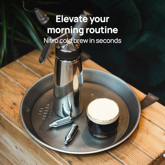 Original NitroPress - Nitro Cold Brew Coffee Maker | Portable Nitrogen Infuser for Smooth Nitro Drinks, Cold Brew, Cocktails & Tea at Home or On the Go | Uses N2 Cartridges | Stainless Steel Design