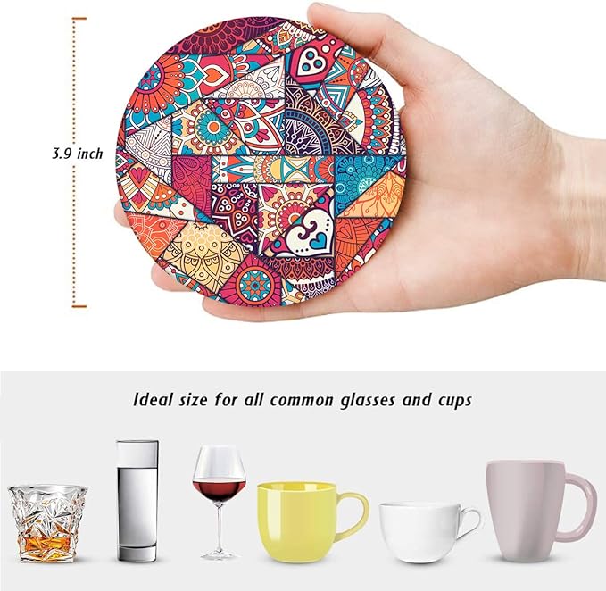 Britimes Coaster for Drinks Set of 6, Vintage Ottoman Flower Mexican Mandala Table Absorbent Round Ceramic Stone Mat, with Cork Base and Metal Holder, Gift for Housewarming Room Bar Decor