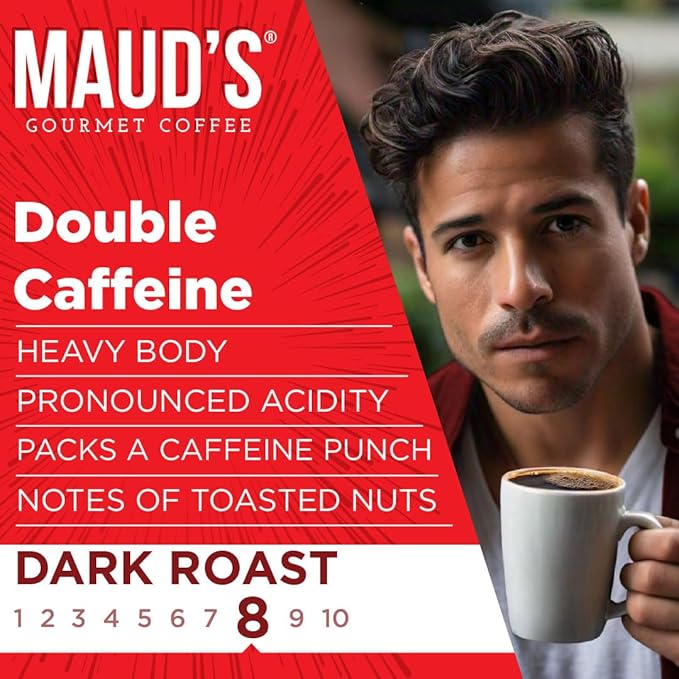 Maud's Double Caffeine Coffee Pods, 18 ct, Dark Roast Coffee in Single Serve Pods – 100% Arabica Coffee, Compatible with Keurig K Cups Maker
