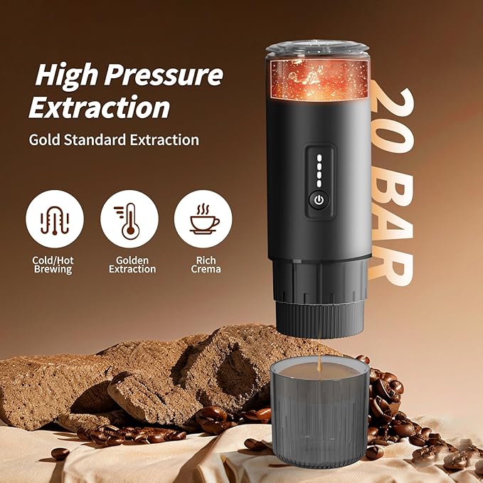 Portable Espresso Maker with Stainless Steel Body | 7500mAh Rechargeable Battery | 20 Bar Self-Heating with USB-C | Works with Most Capsules Compatible for Camping, Travel, Outdoor (Black)