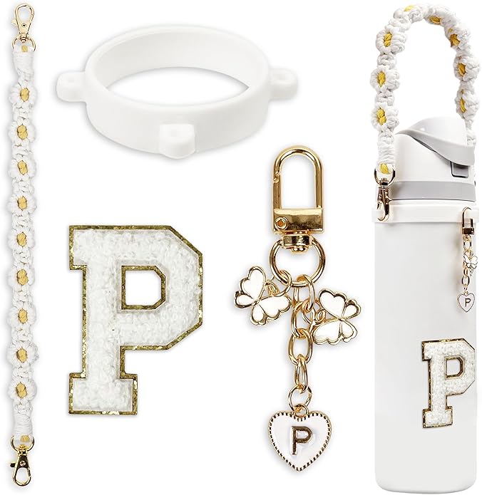Compatible with Owala Water Bottle Accessories, Cute Letter Charm Set with Boho Handle Strap, Monogram Sticker, Silicone Ring, Keychain Decoration, for FreeSip 24 32 40oz, Owala Kids, Tumbler Gift