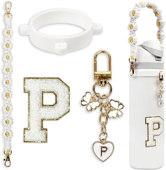 Compatible with Owala Water Bottle Accessories, Cute Letter Charm Set with Boho Handle Strap, Monogram Sticker, Silicone Ring, Keychain Decoration, for FreeSip 24 32 40oz, Owala Kids, Tumbler Gift