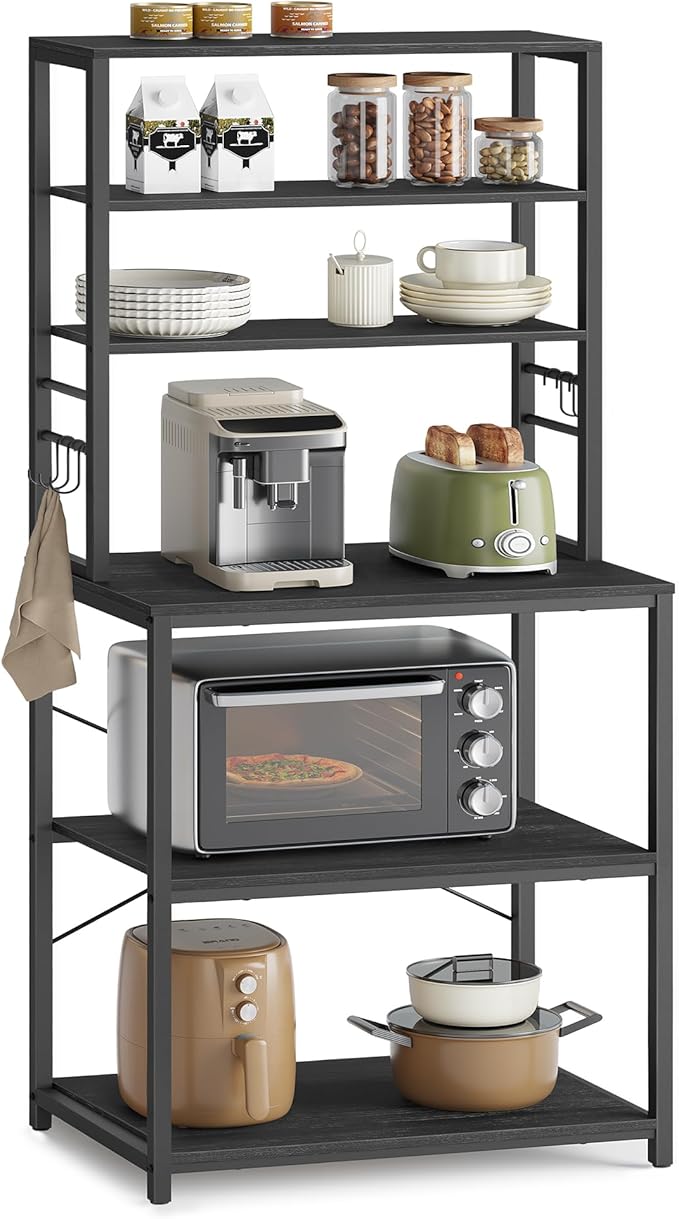 VASAGLE Coffee Bar, 23.6 Inches Baker's Rack for Kitchen with Storage, 6-Tier Kitchen Shelves with 6 Hooks, Microwave Stand, Industrial, Charcoal Gray and Ink Black UKKS024B22