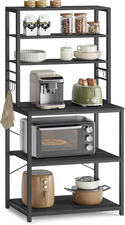 VASAGLE Coffee Bar, 23.6 Inches Baker's Rack for Kitchen with Storage, 6-Tier Kitchen Shelves with 6 Hooks, Microwave Stand, Industrial, Charcoal Gray and Ink Black UKKS024B22